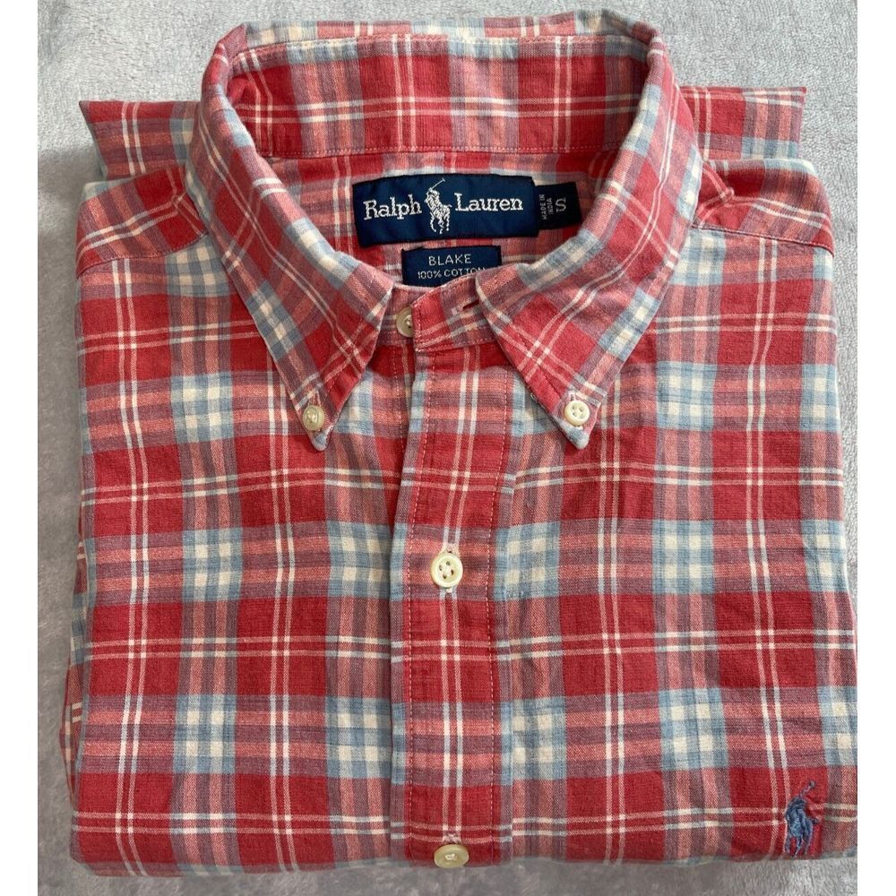Ralph Lauren Mens Size Small Pink Madras Plaid Long Sleeve Button Up Shirt Sharp